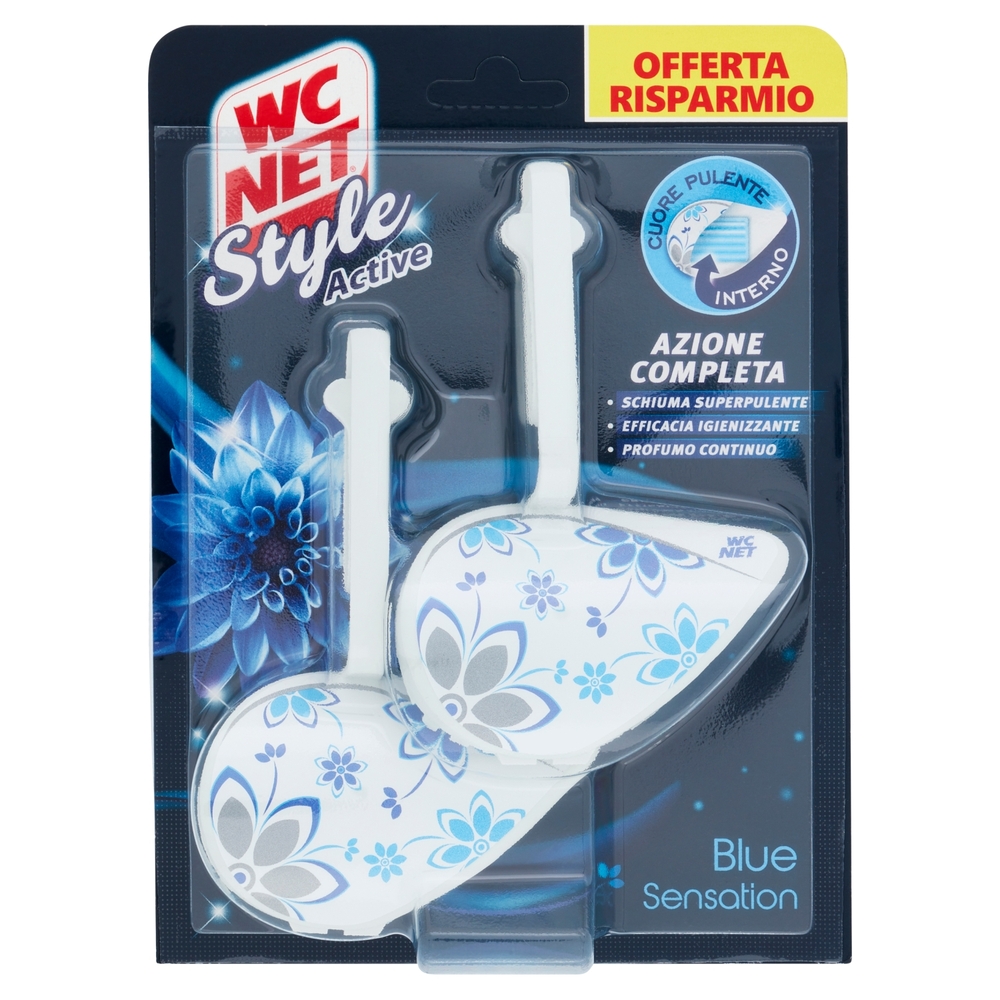 Wc Net - Tavoletta Style Active, Detergente Igienizzante Solido per WC, Blue Sensation, 2 Pezzi